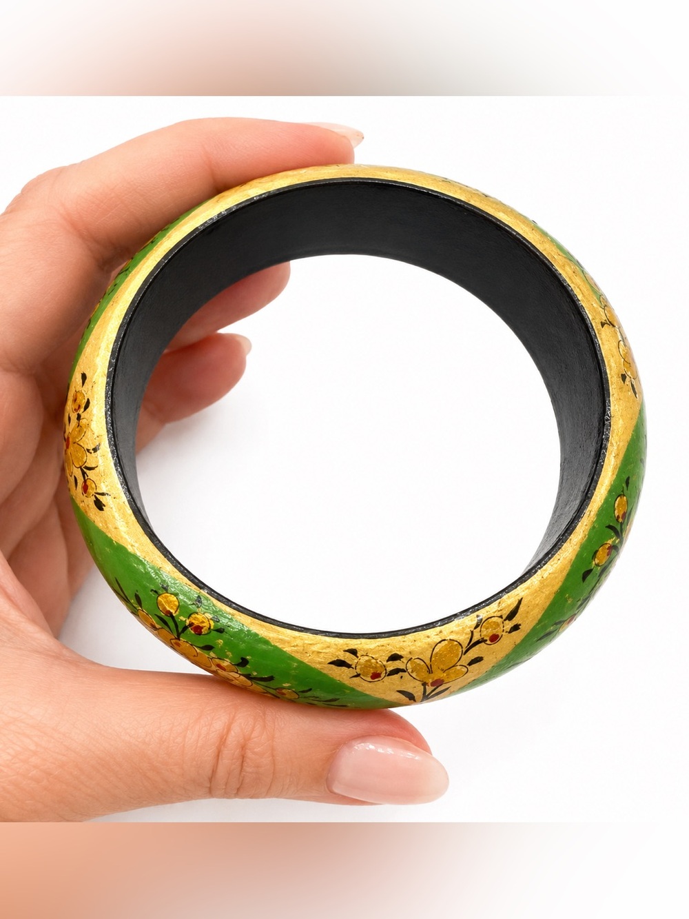 Vintage Hand Painted Wooden‎ Floral Bangle Bracelet Green Gold Boho Cottagecore - Picture 5 of 6